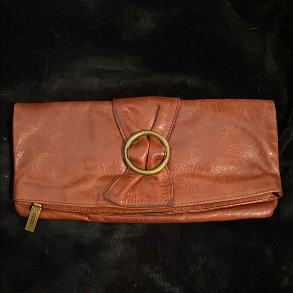 HOBO International Brown Leather Bow Buckle Detail Fold Over Clutch Purse - Picture 1 of 17